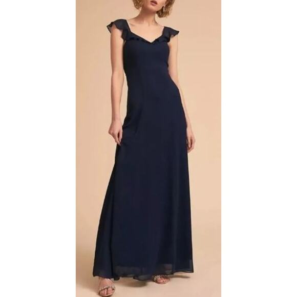 BHLDN Anthropologie Flutter Straps Formal Bridesmaids Long Dress Navy Blue 0 - Picture 1 of 10